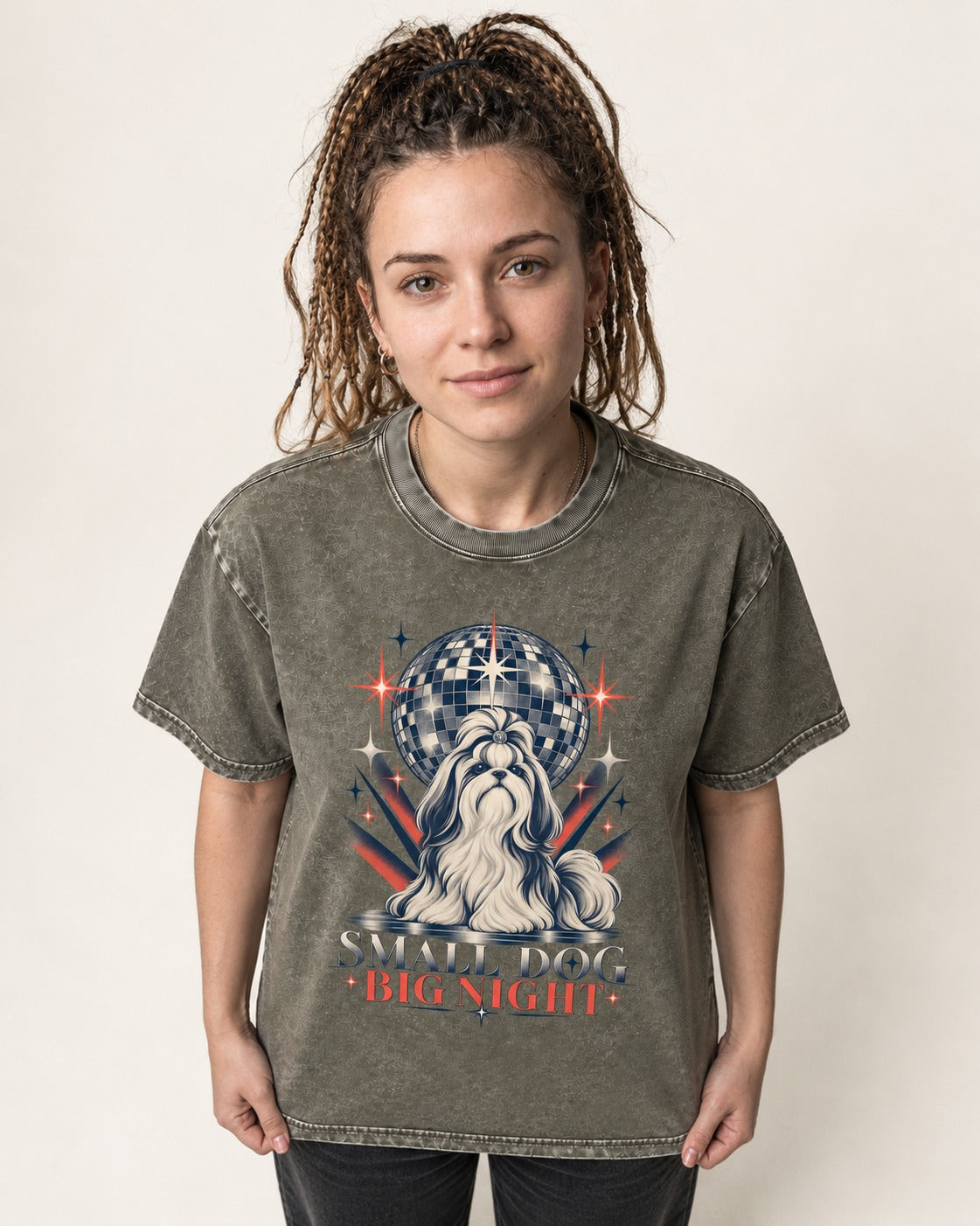 Shih Tzu Small Dog Big Night Disco Graphic Washed Tee in Army Green, worn by a model