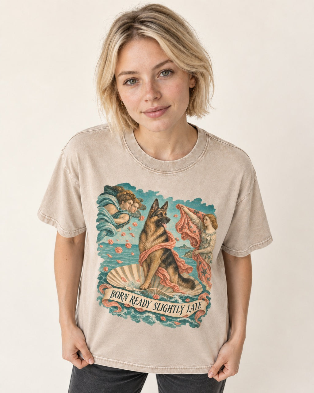 German Shepherd Dog Born Ready Slightly Late Venus Graphic Washed Tee in Apricot, worn by a model
