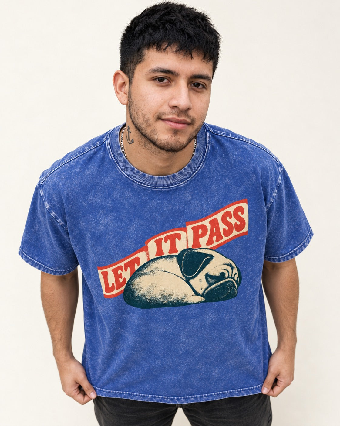Pug Let It Pass Sleeping Banner Graphic Washed Tee in Royal Blue, worn by a model