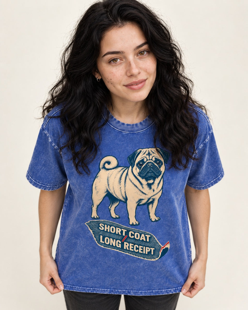 Pug Short Coat Long Receipt Graphic Washed Tee in Royal Blue, worn by a model