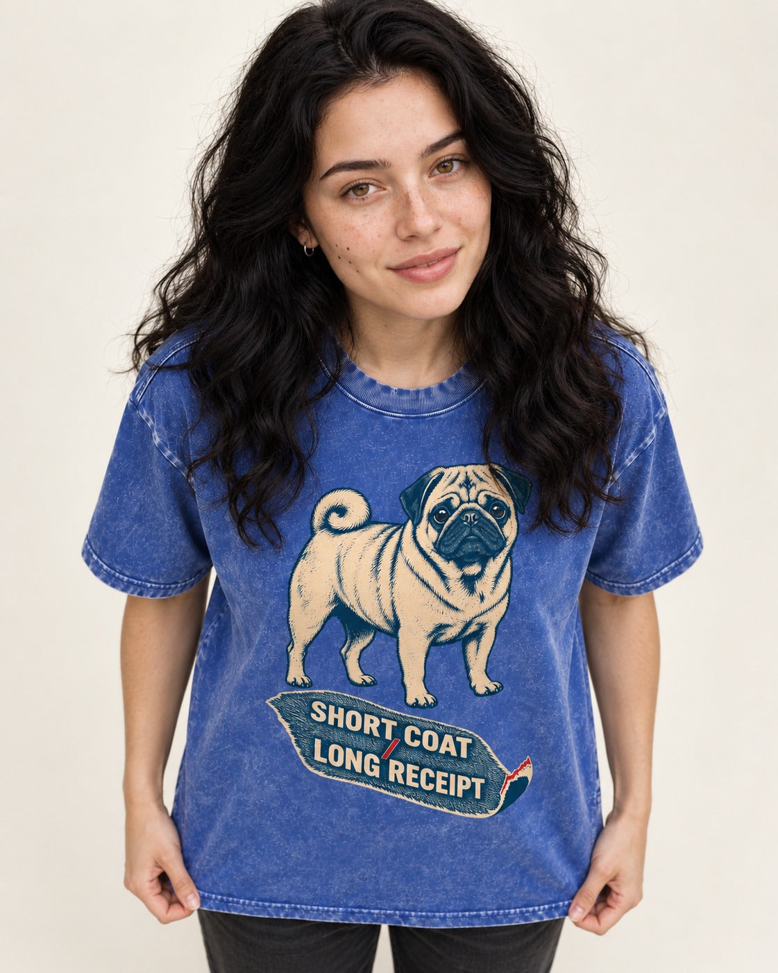 Pug Short Coat Long Receipt Graphic Washed Tee in Royal Blue, worn by a model