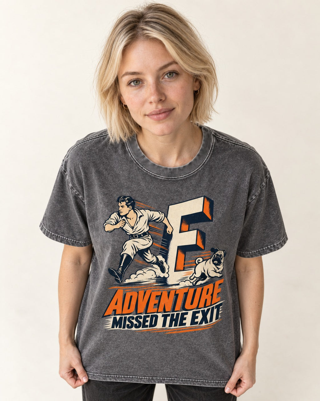 Pug Adventure Missed the Exit Running Graphic Washed Tee in Gray, worn by a model