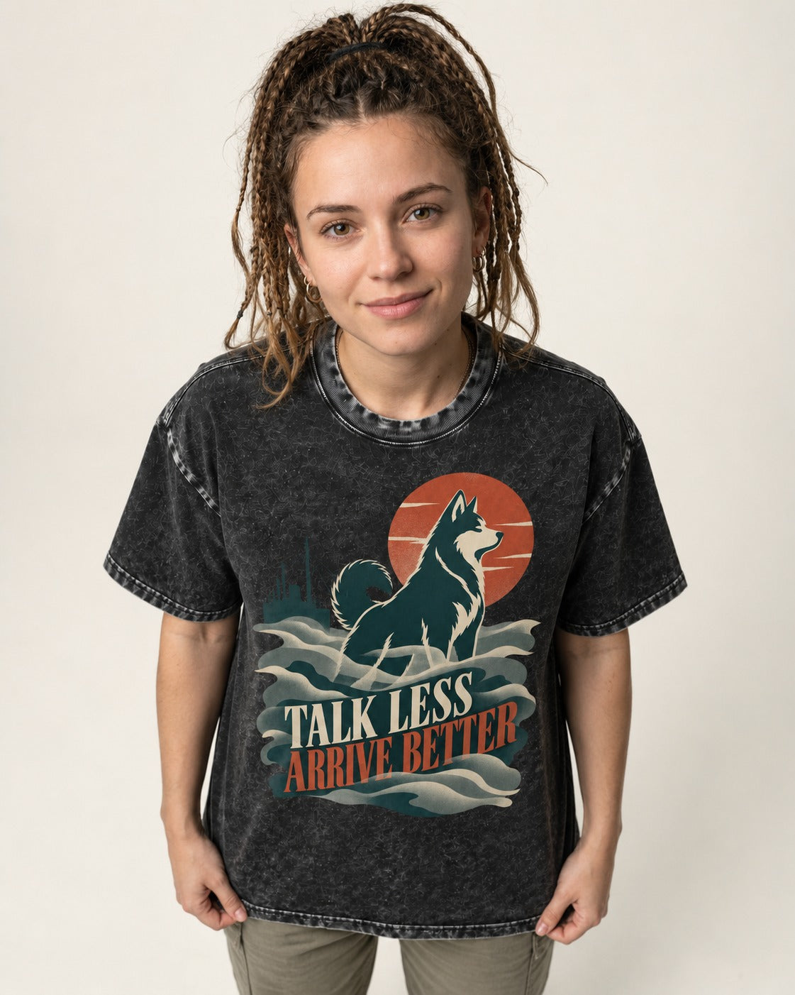 Husky Talk Less Arrive Better Harbor Wave Graphic Washed Tee in Black, worn by a model