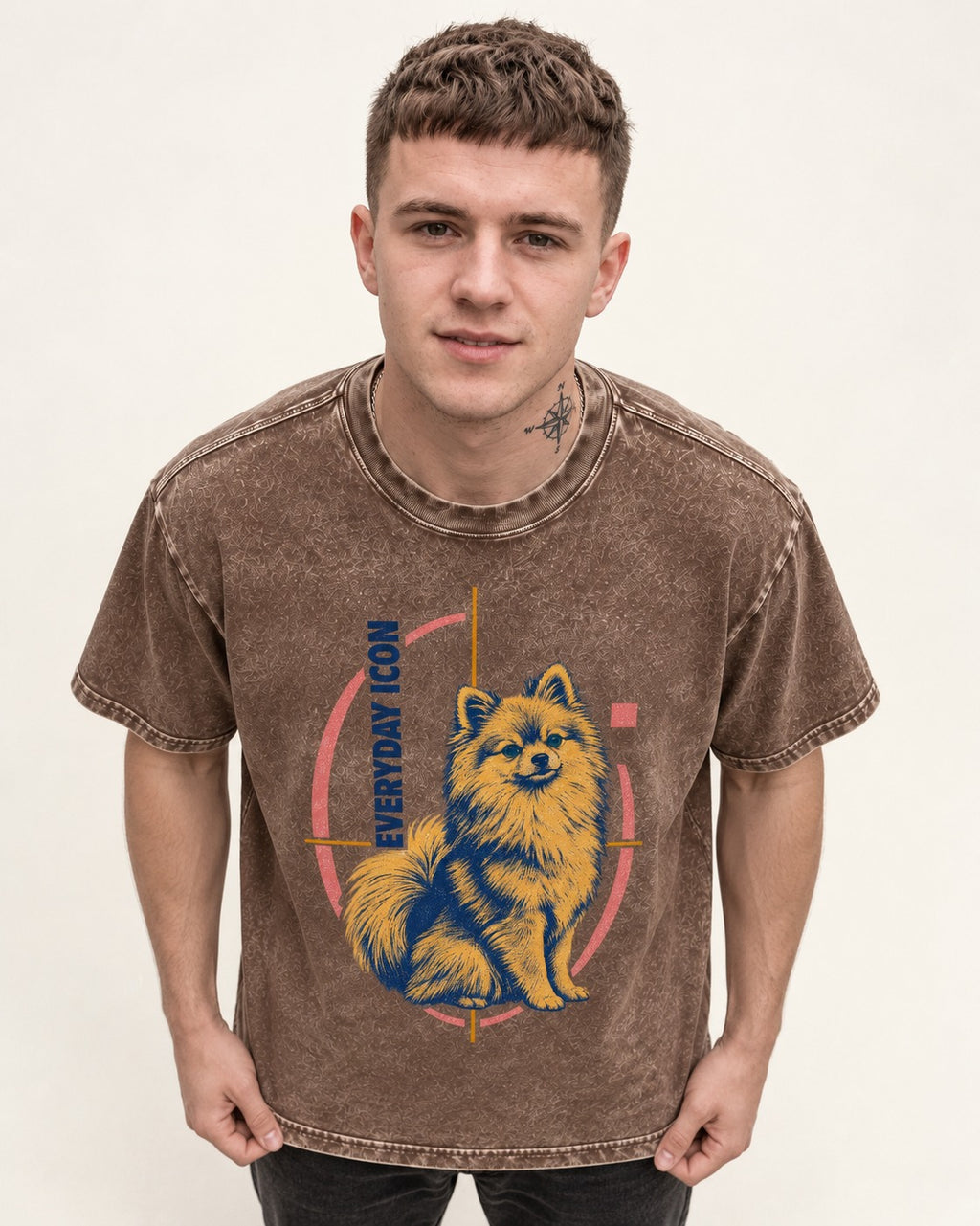 Pomeranian Everyday Icon Washed Tee in Coffee, worn by a model