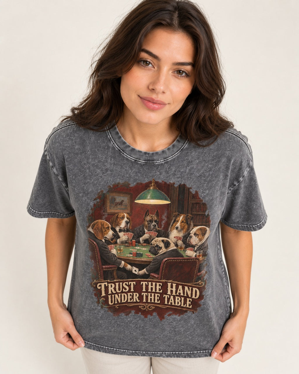 Pug Trust the Hand Under the Table Poker Graphic Washed Tee in Gray, worn by a model
