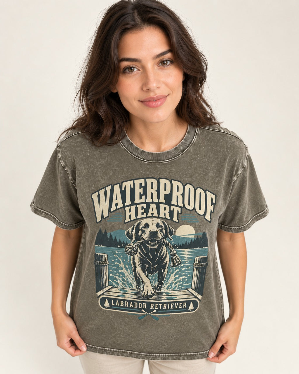 Labrador Retriever Waterproof Heart Lake Adventure Graphic Washed Tee in Army Green, worn by a model