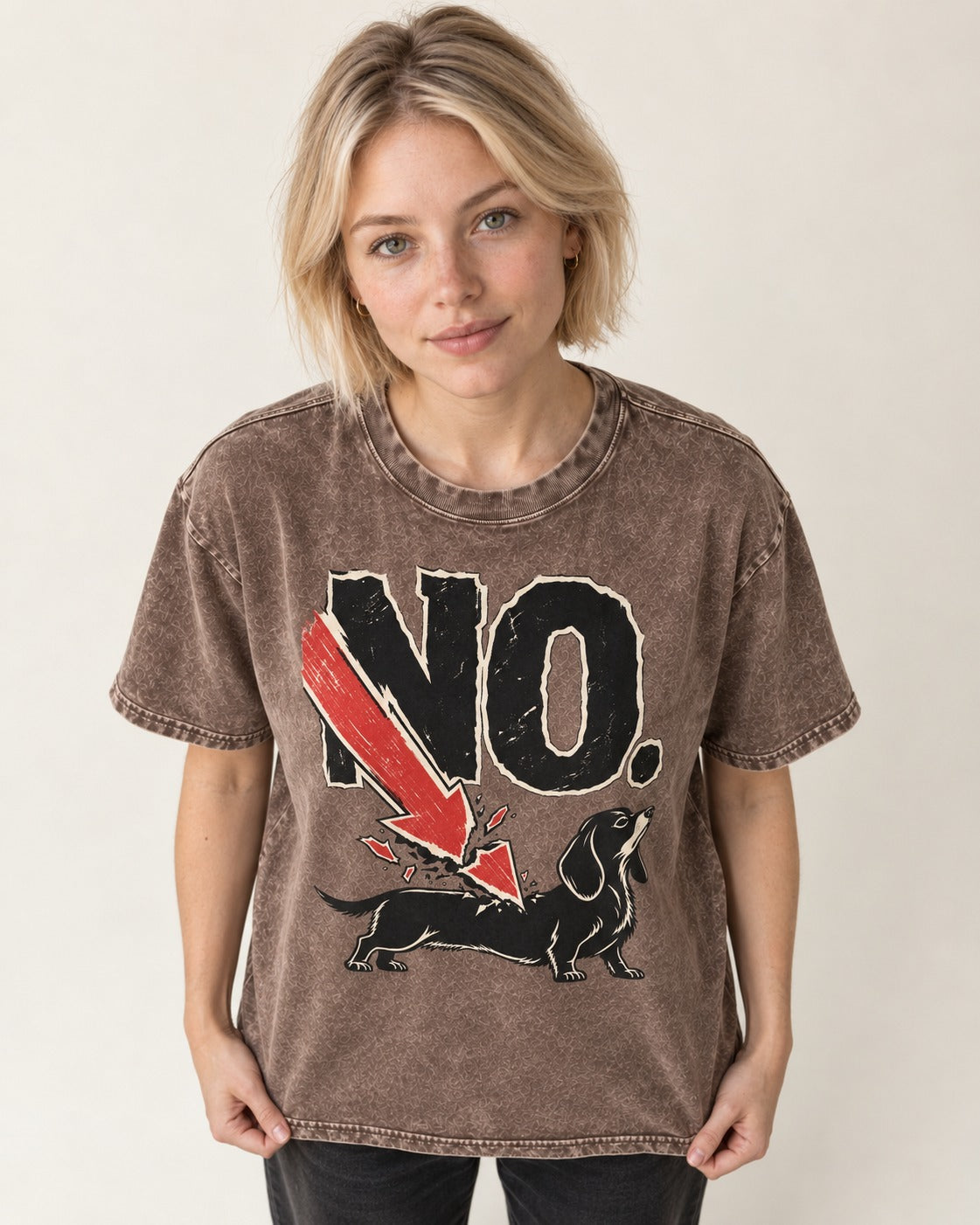 Dachshund Says No Washed Tee in Coffee, worn by a model