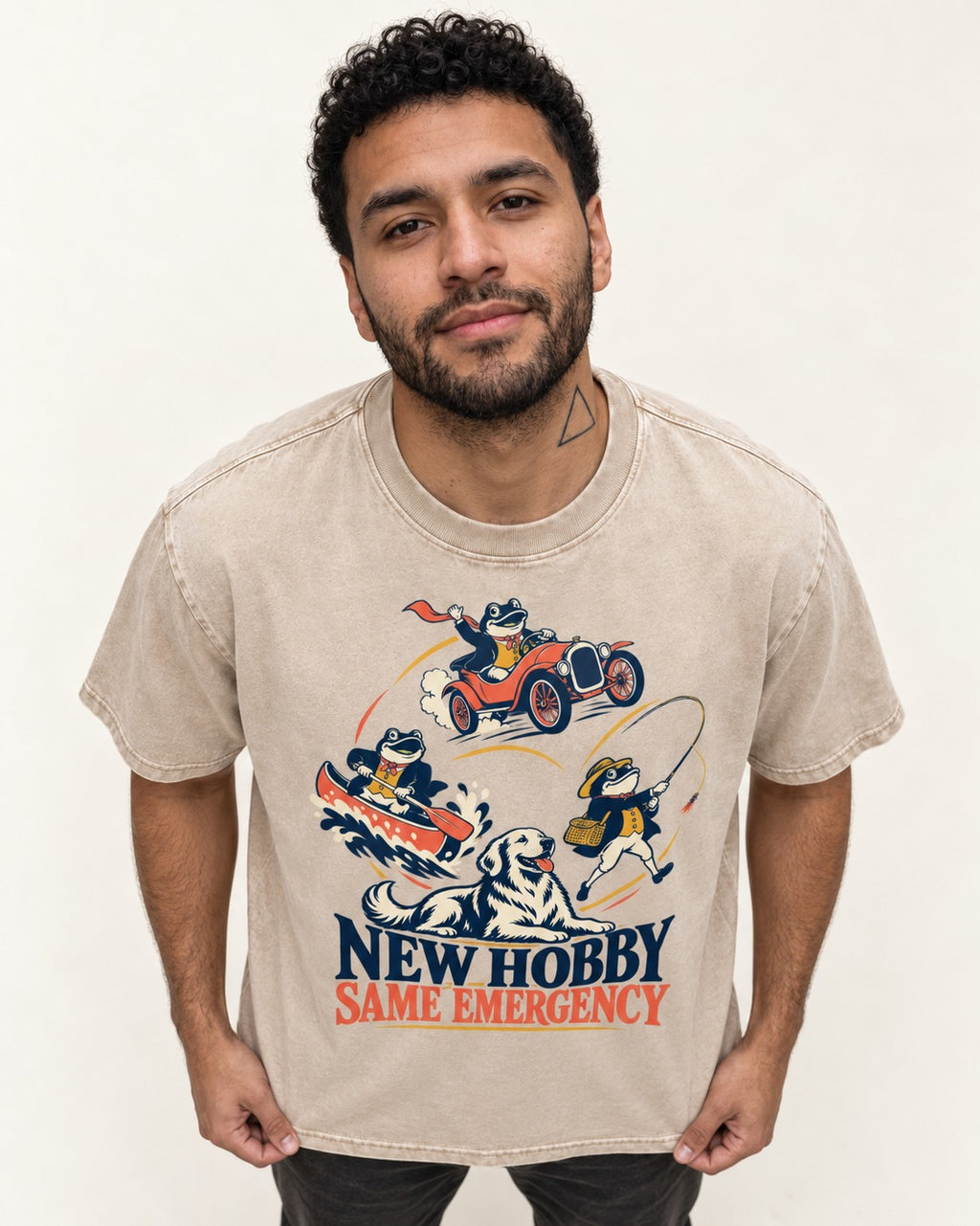 Golden Retriever New Hobby Same Emergency Washed Tee in Apricot, worn by a model