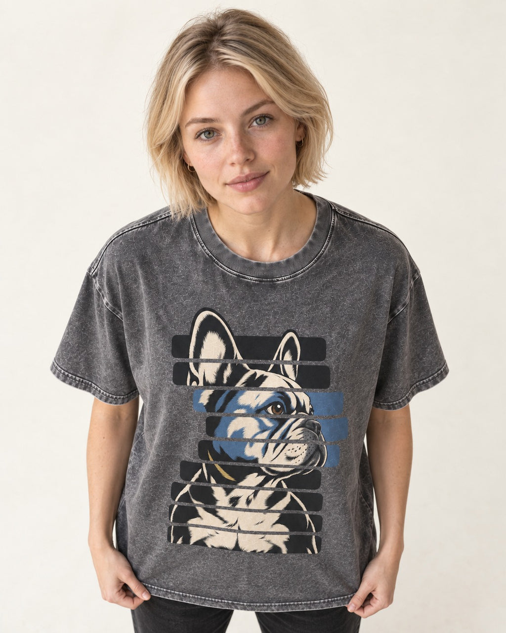 Frenchie Quiet Confidence Washed Tee in Gray, worn by a model