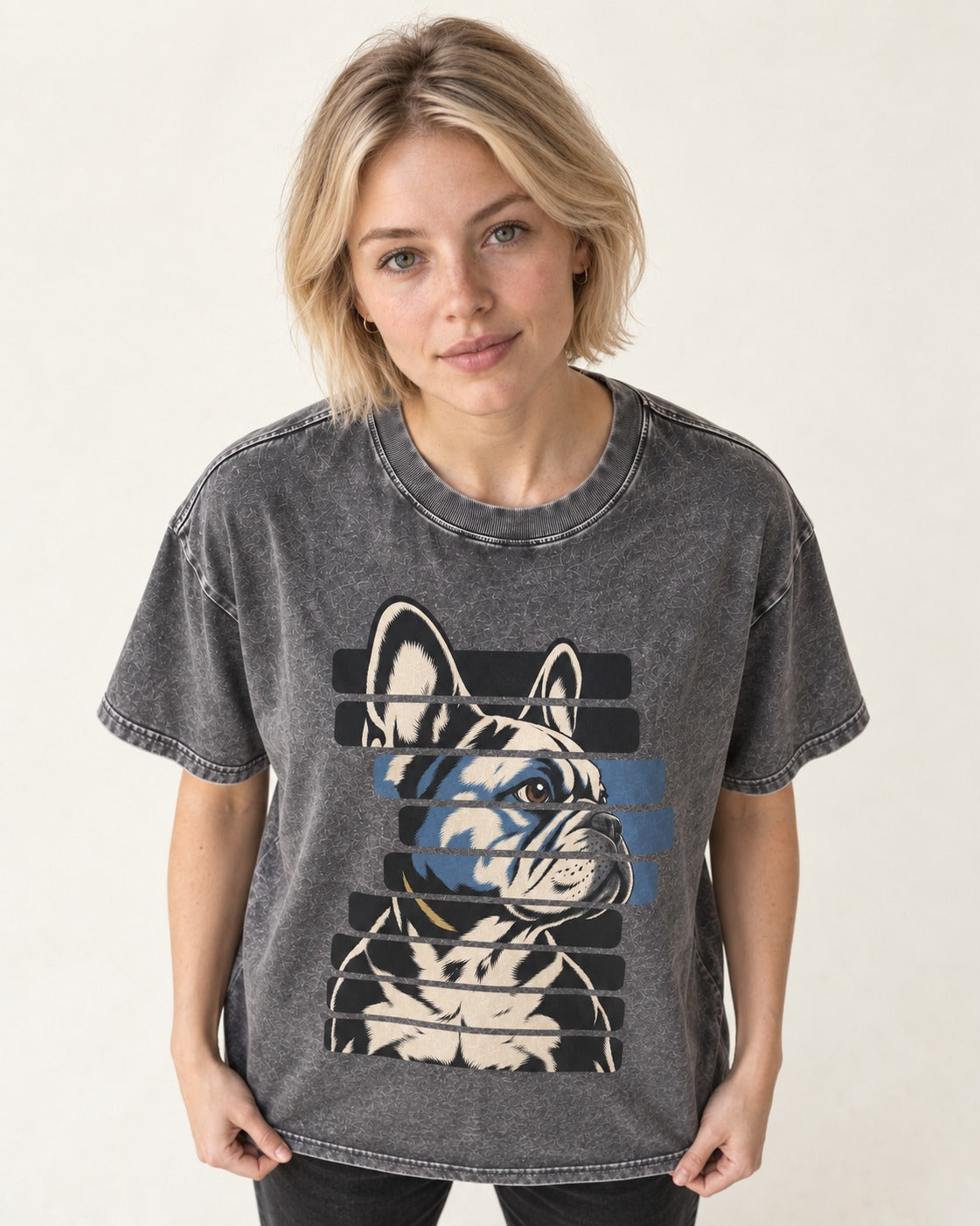 Frenchie Quiet Confidence Washed Tee in Gray, worn by a model