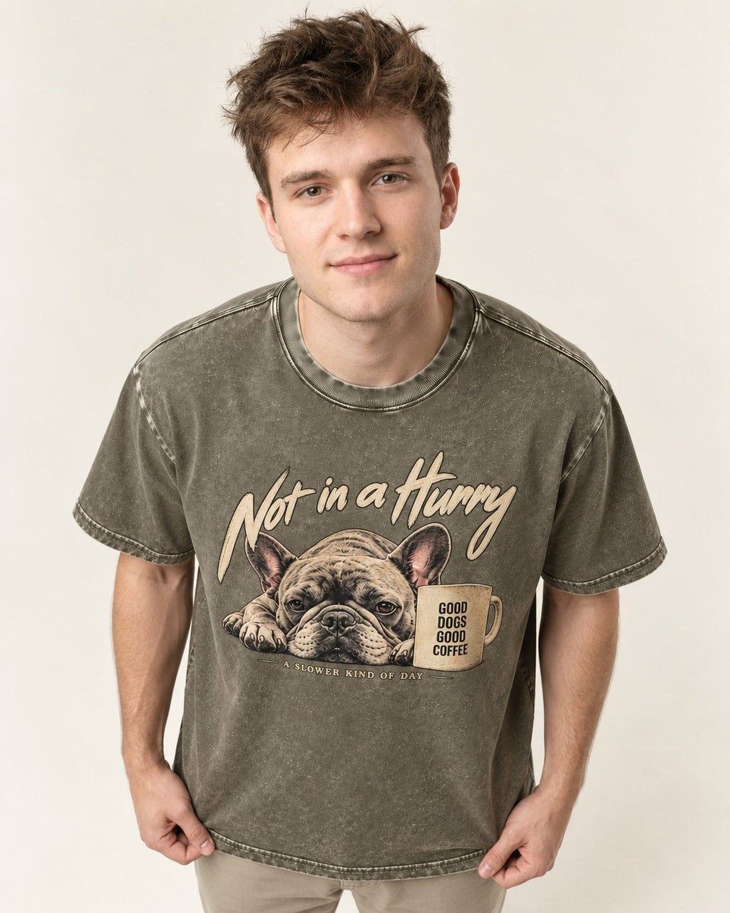 Frenchie Not in a Hurry Coffee Graphic Washed Tee in Army Green, worn by a model