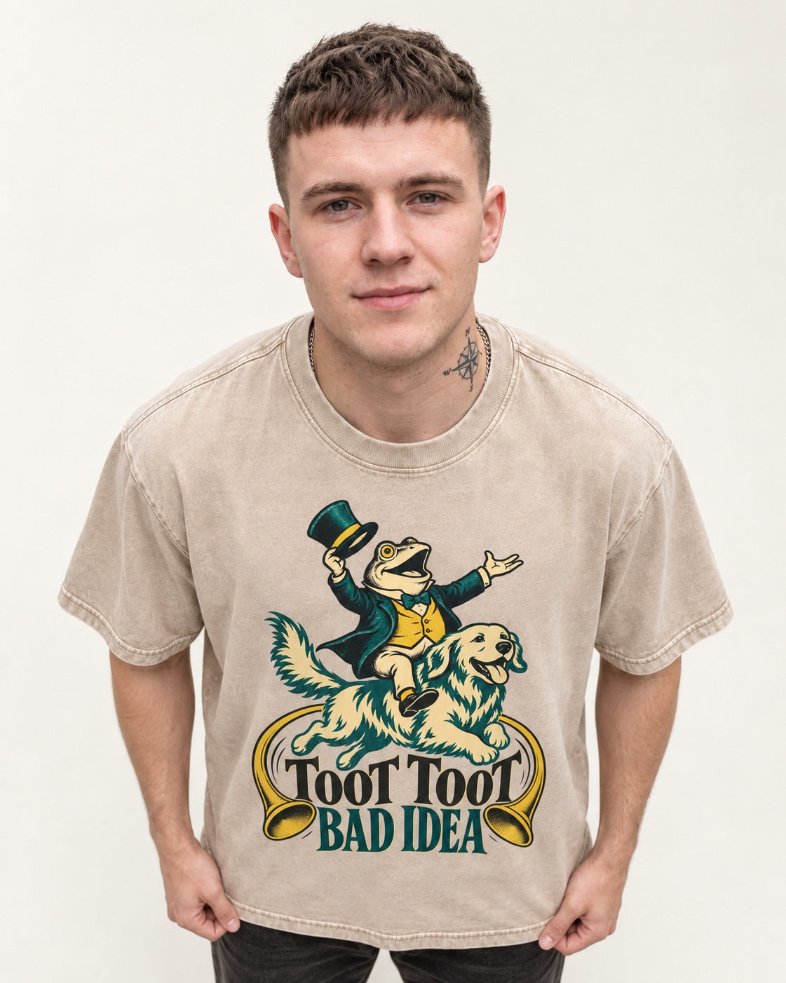 Golden Retriever Toot Toot Bad Idea Washed Tee in Apricot, worn by a model