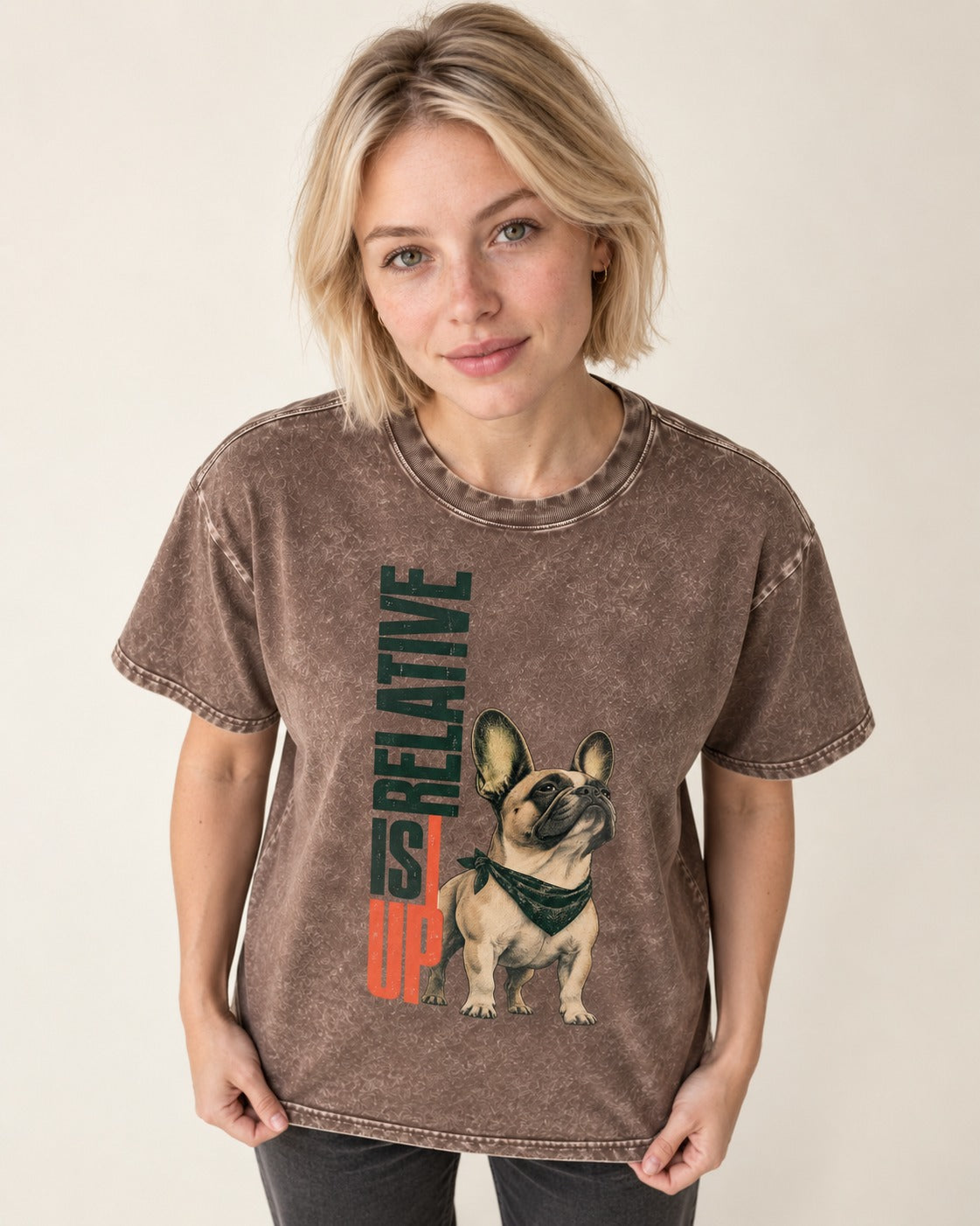 Up Is Relative Frenchie Washed Tee in Coffee, worn by a model