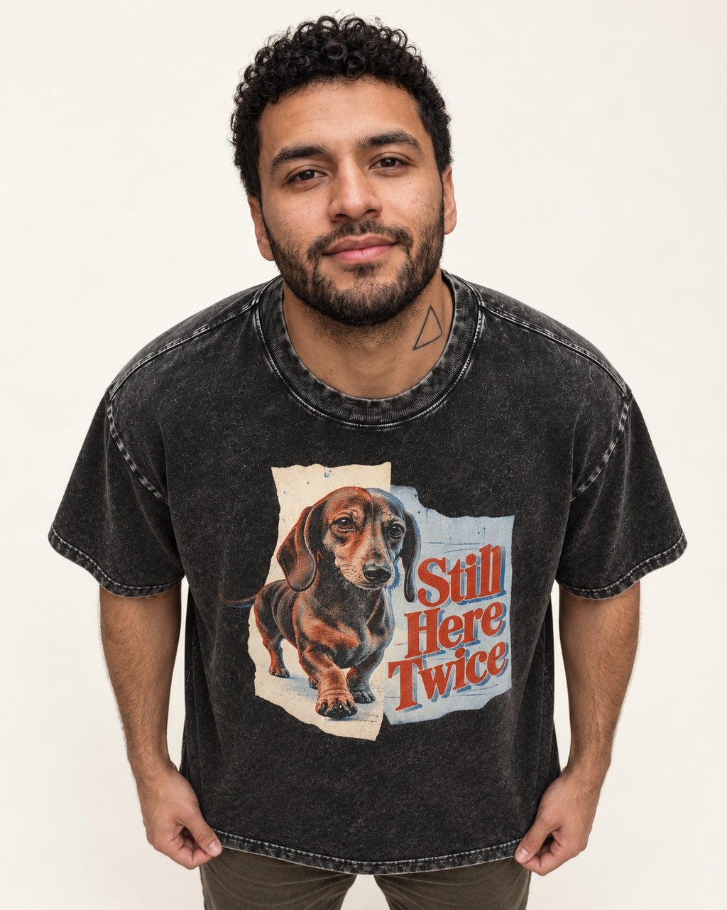 Dachshund Still Here Twice Torn Paper Graphic Washed Tee in Black, worn by a model