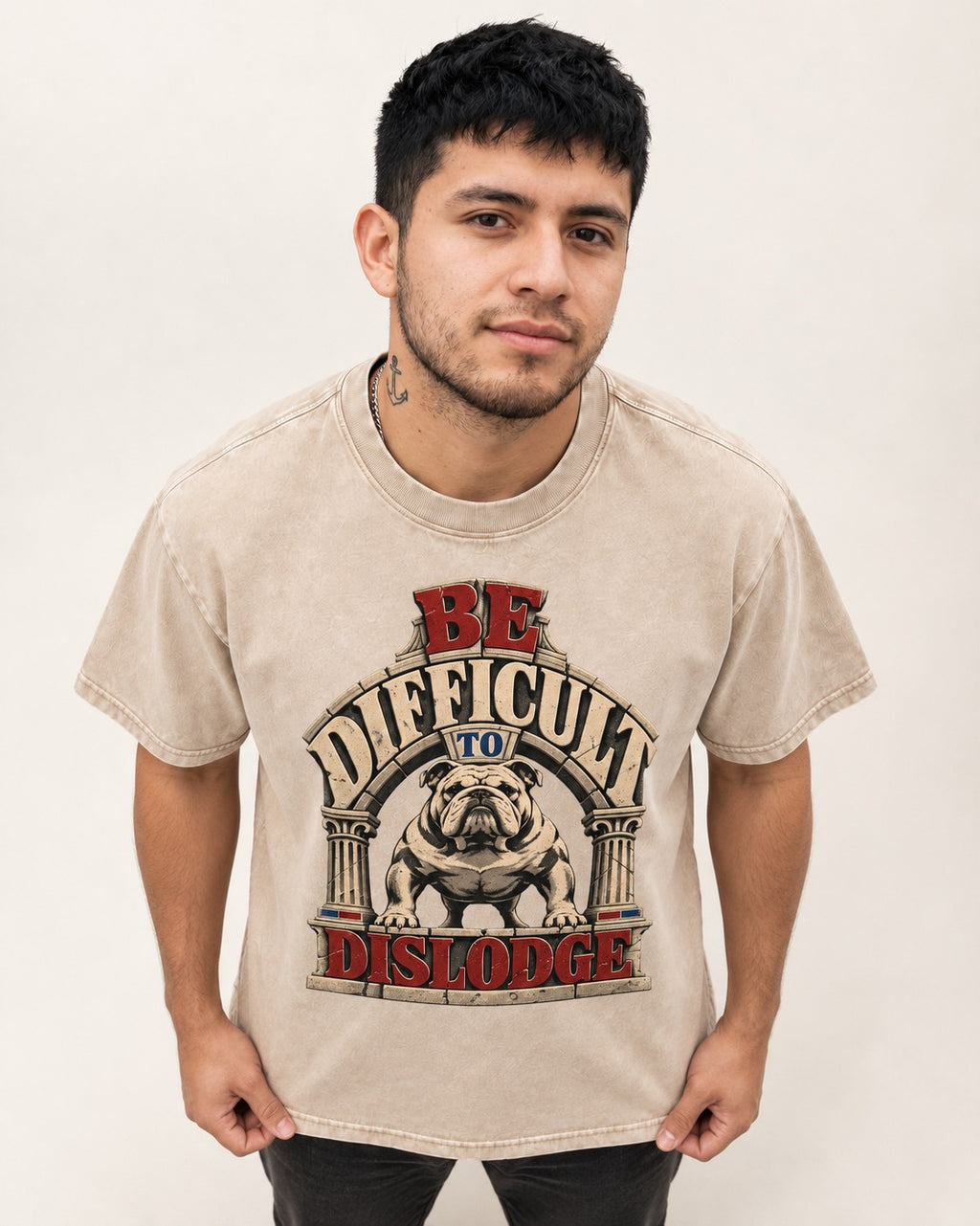 English Bulldog Be Difficult to Dislodge Stone Arch Graphic Washed Tee in Apricot, worn by a model