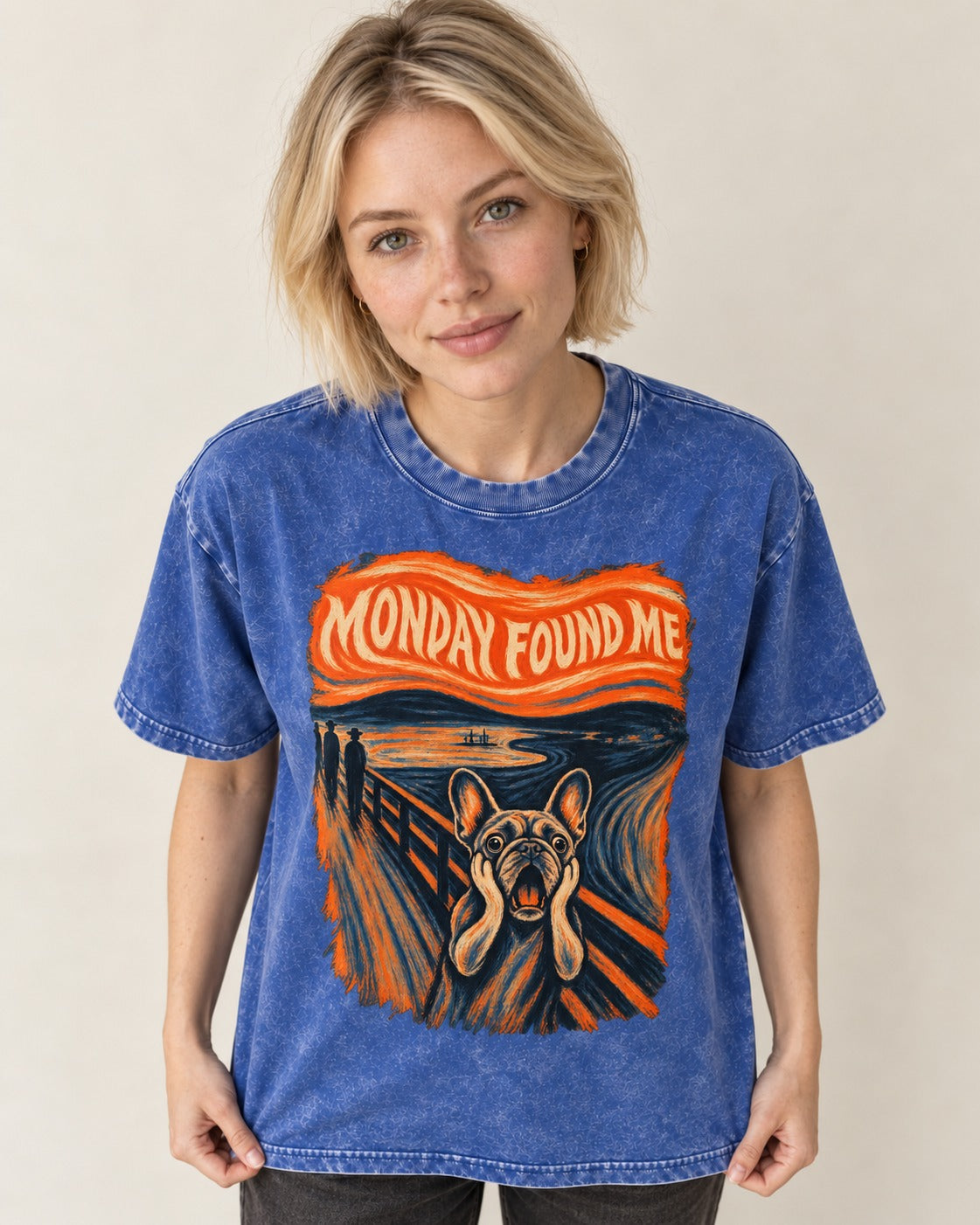 Frenchie Monday Found Me Scream Graphic 194 Washed Tee in Royal Blue, worn by a model