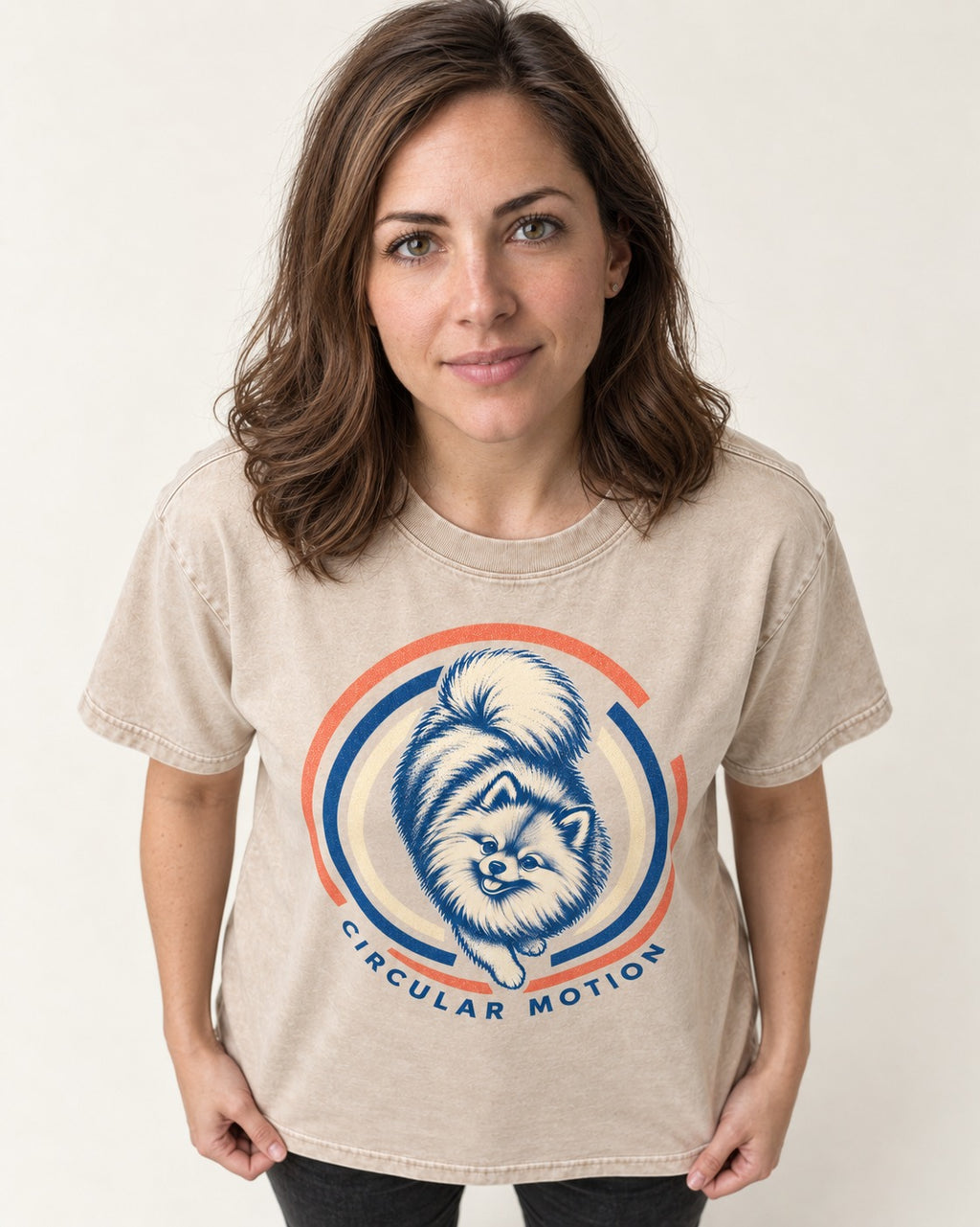 Pomeranian Circular Motion Washed Tee in Apricot, worn by a model