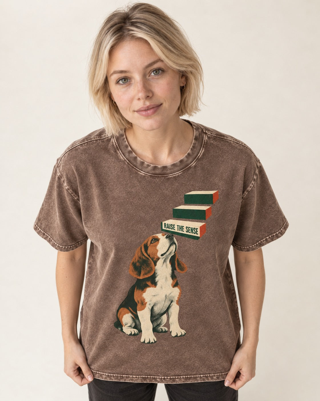 Raise The Sense Beagle Scent Hound Washed Tee in Coffee, worn by a model