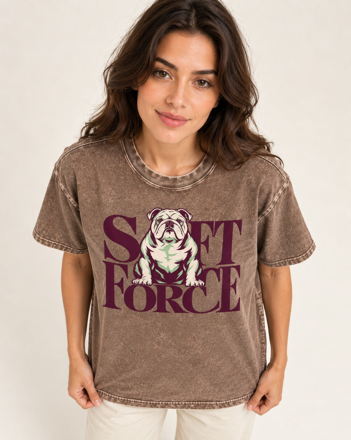 Set Force English Bulldog Washed Tee in Coffee, worn by a model