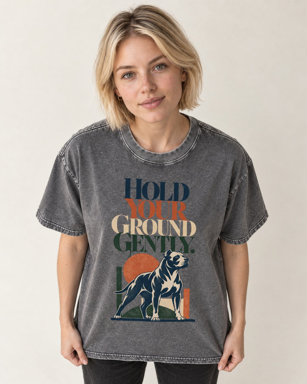 Pitbull Hold Your Ground Gently Standing Dog Graphic Washed Tee in Gray, worn by a model