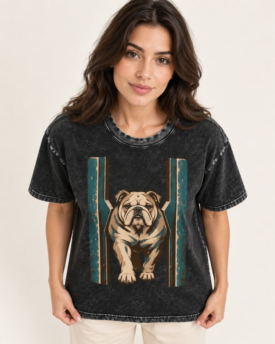 English Bulldog Walking Through Teal Gate Graphic Washed Tee in Black, worn by a model