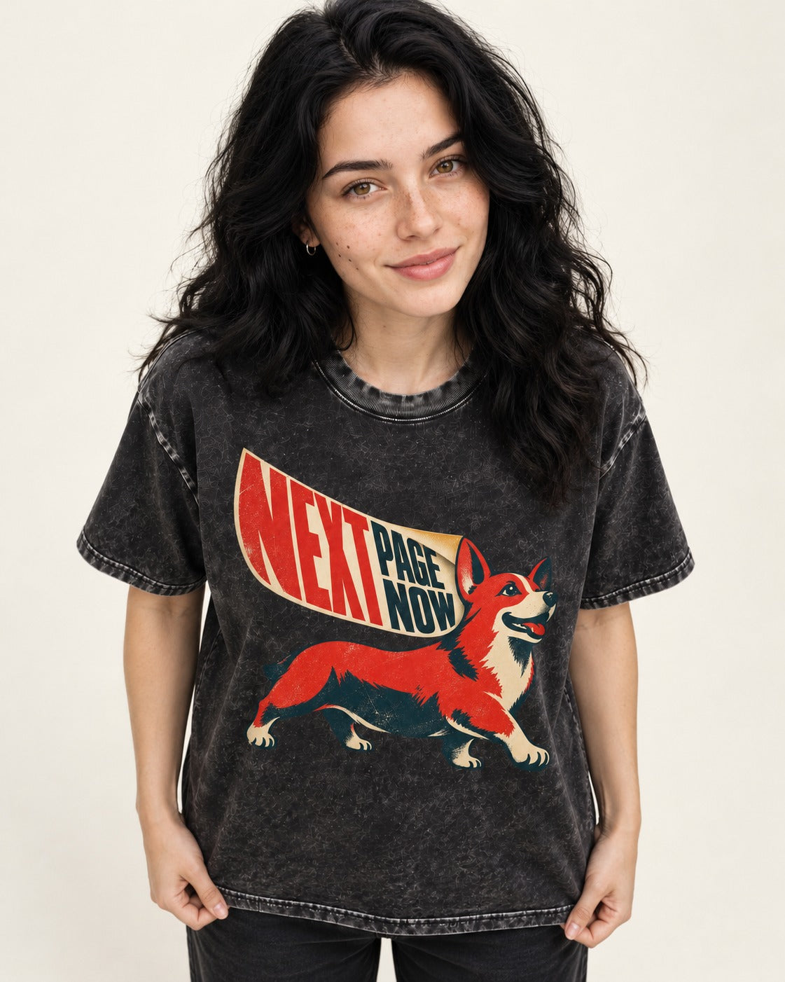 Corgi Next Page Now Pennant Graphic Washed Tee in Black, worn by a model