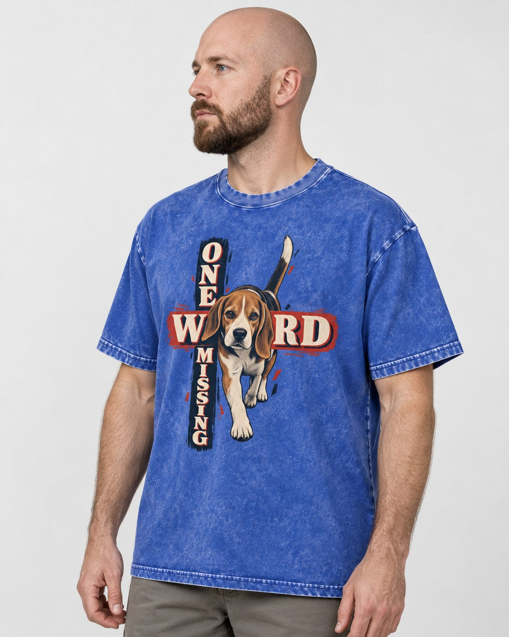 Beagle One Word Missing Washed Tee in Royal Blue, worn by a model