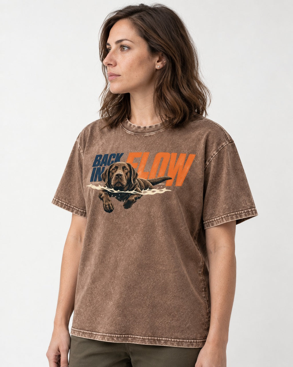 Labrador Retriever Back in Flow Washed Tee in Coffee, worn by a model
