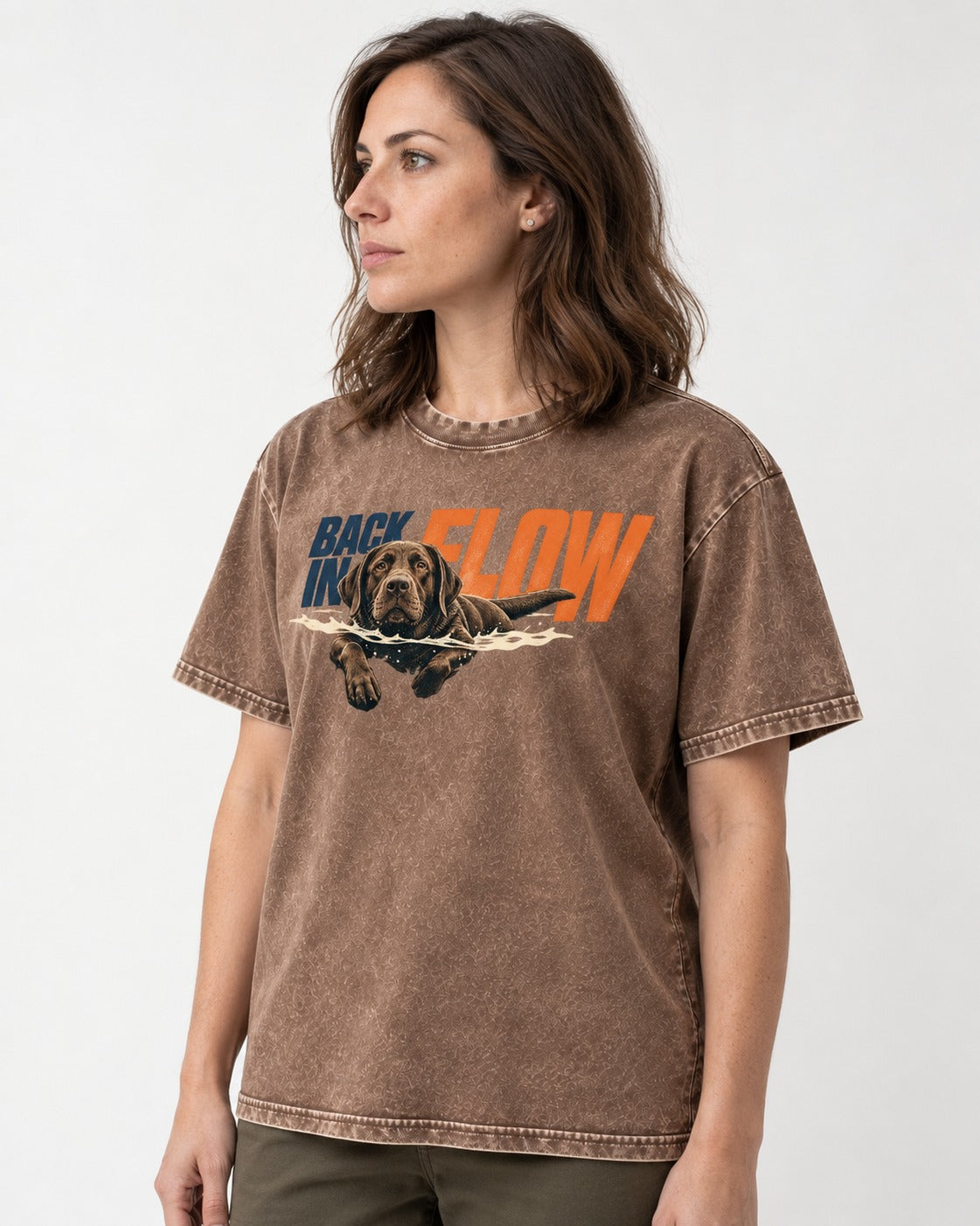 Labrador Retriever Back in Flow Washed Tee in Coffee, worn by a model