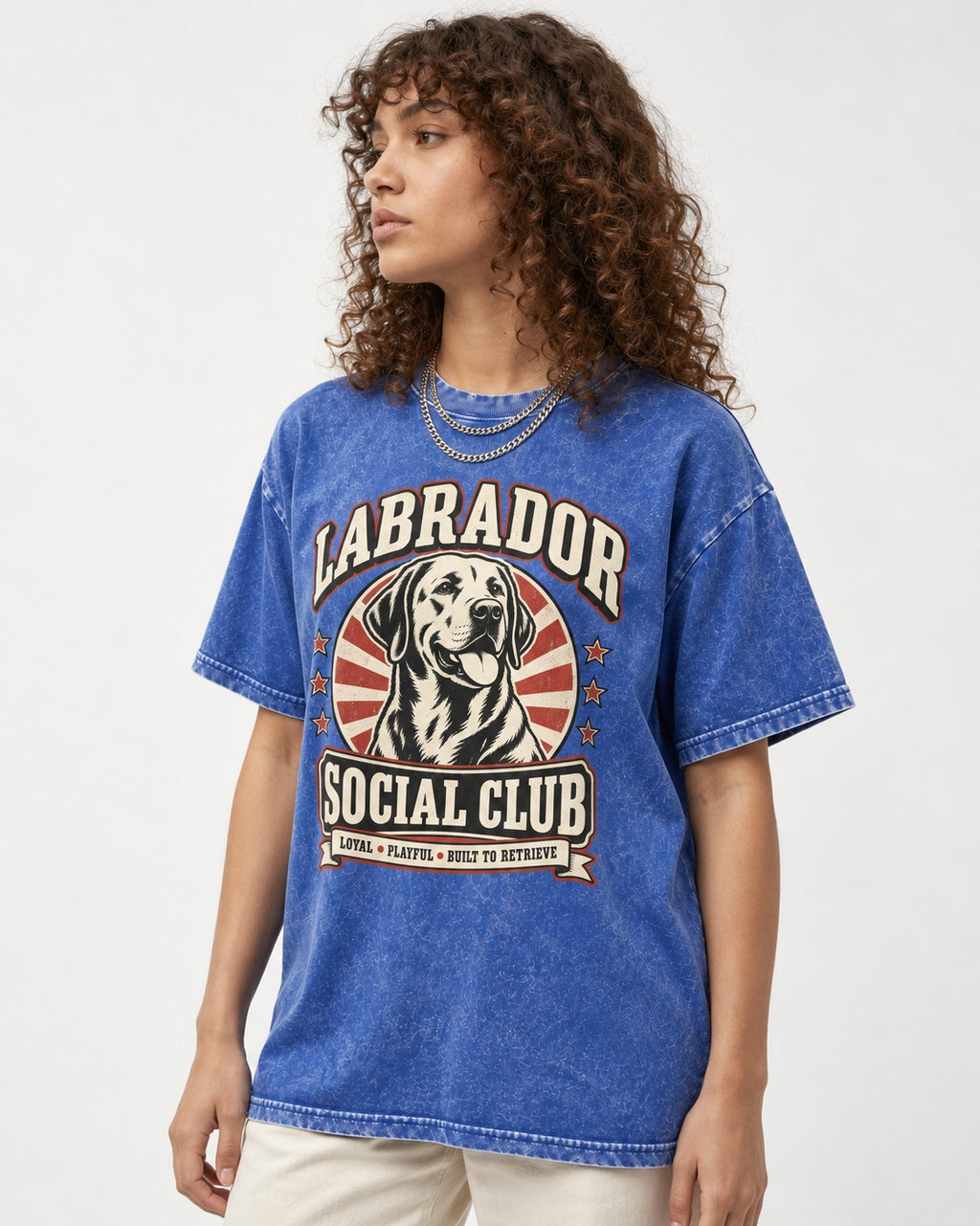 Labrador Retriever Social Club Loyal Playful Built to Retrieve Badge Graphic Washed Tee in Royal Blue, worn by a model
