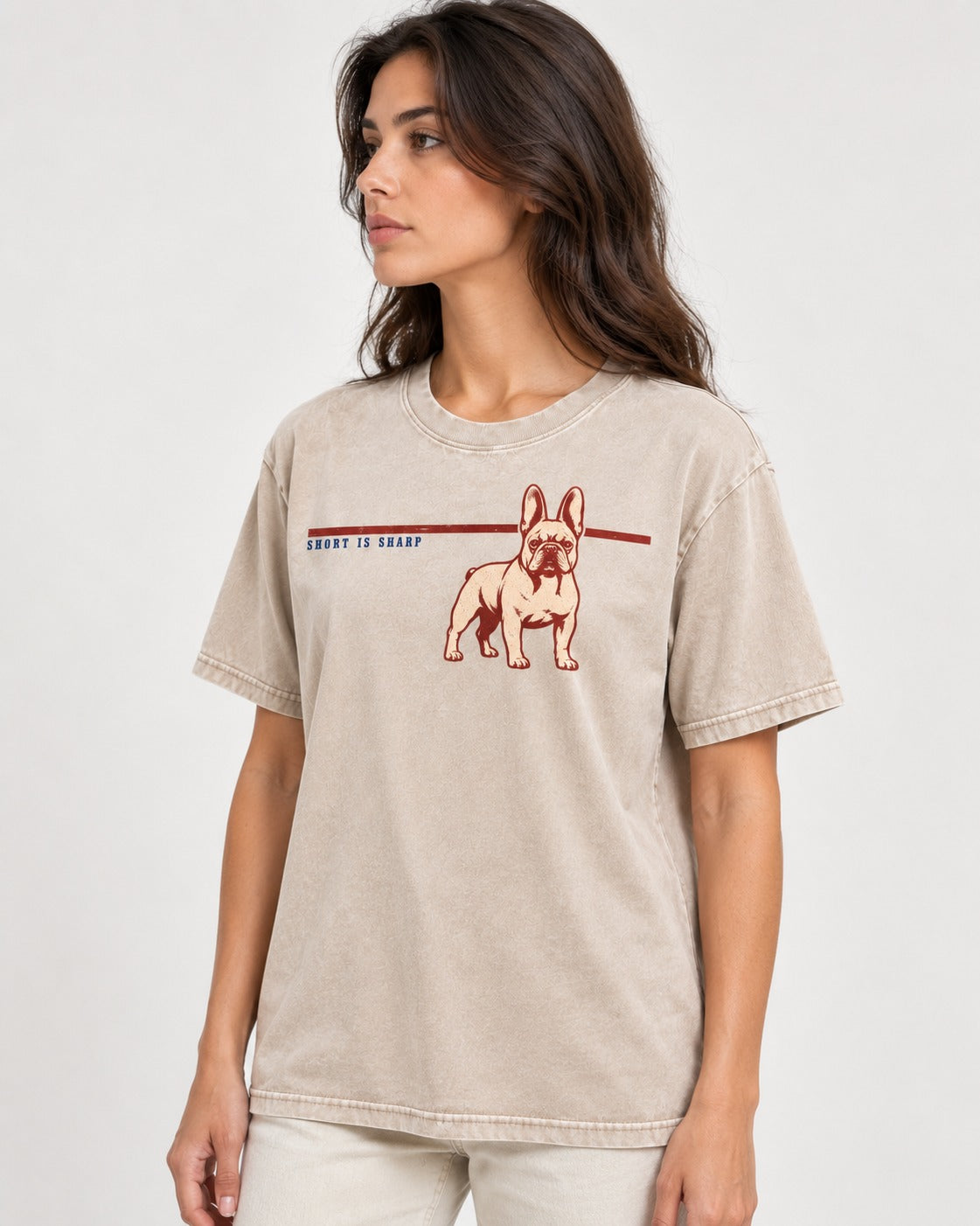 Short Is Sharp Frenchie Washed Tee in Apricot, worn by a model