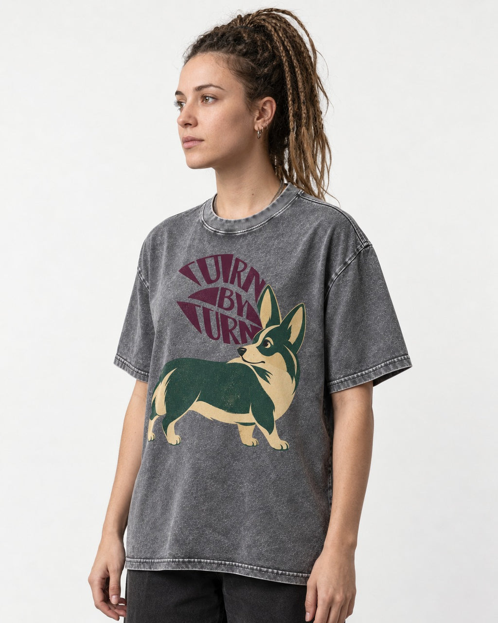 Turn by Turn Corgi Washed Tee in Gray, worn by a model