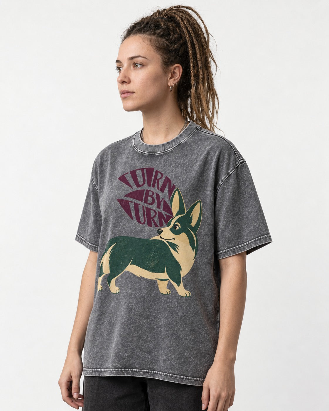 Turn by Turn Corgi Washed Tee in Gray, worn by a model