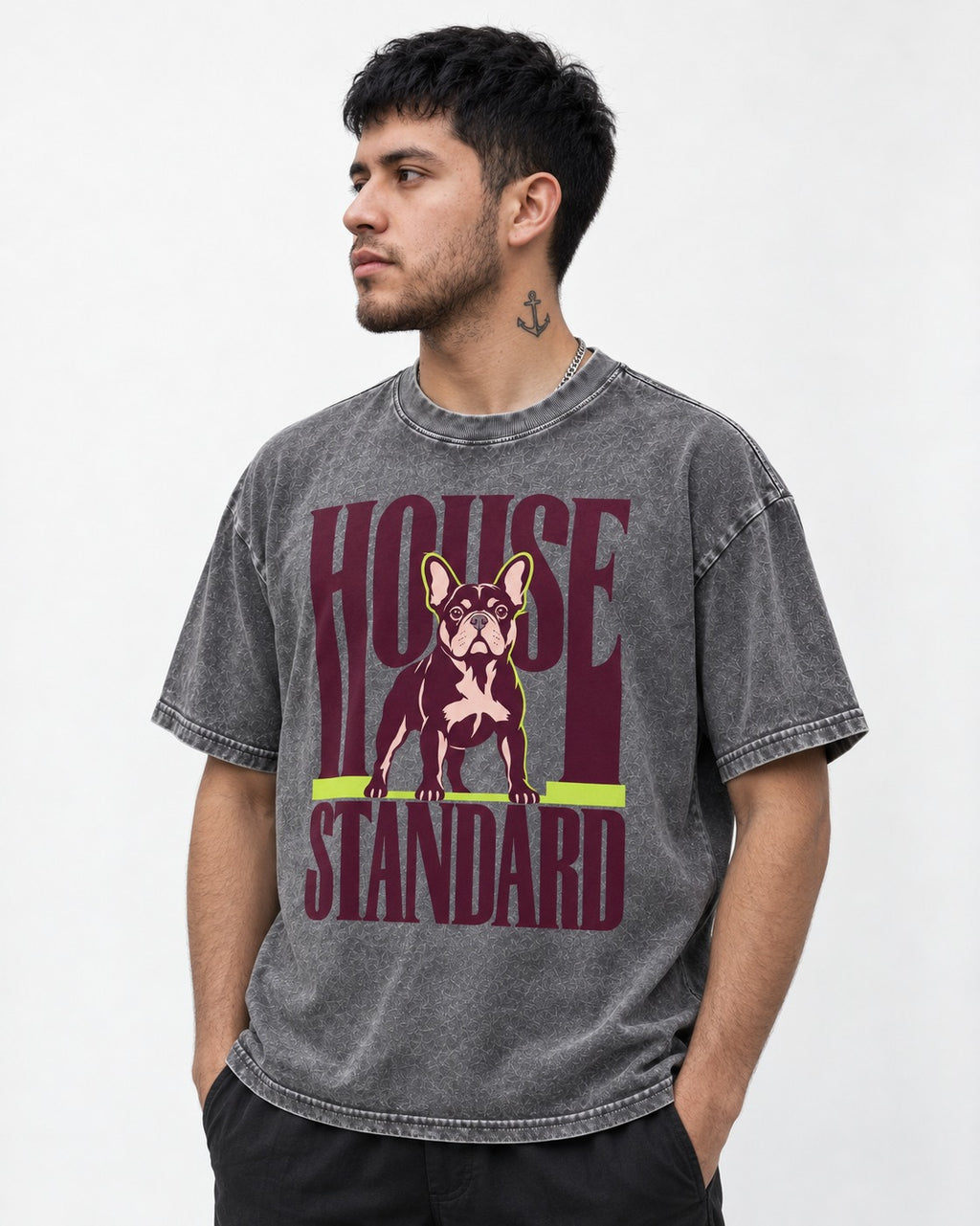Frenchie House Standard Washed Tee in Gray, worn by a model