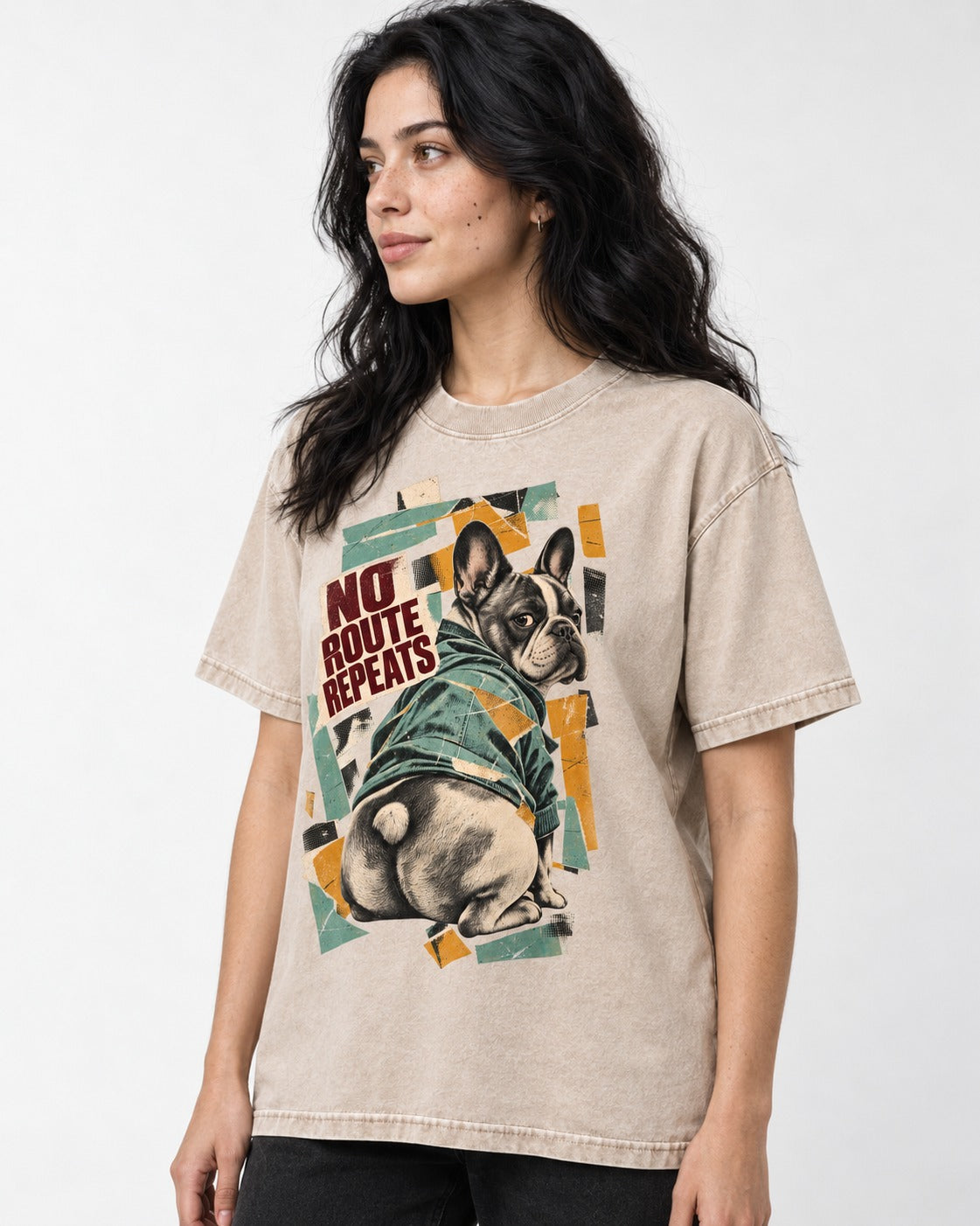 No Route Repeats Frenchie Washed Tee in Apricot, worn by a model