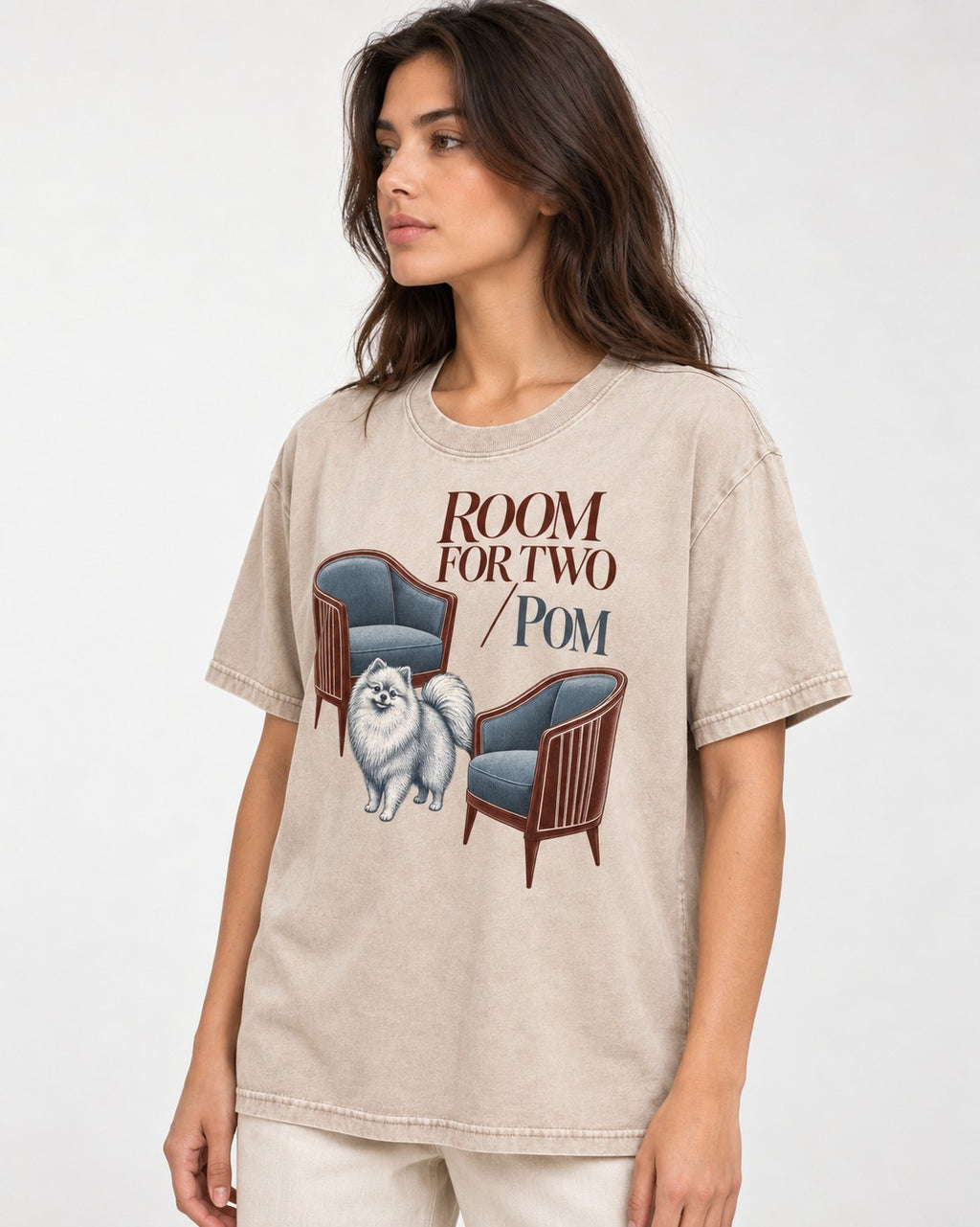 Room for Two with Pomeranian Washed Tee in Apricot, worn by a model