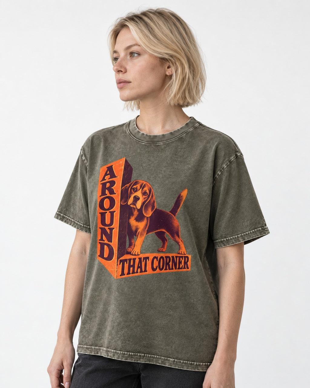 Beagle Around That Corner Graphic Washed Tee in Army Green, worn by a model