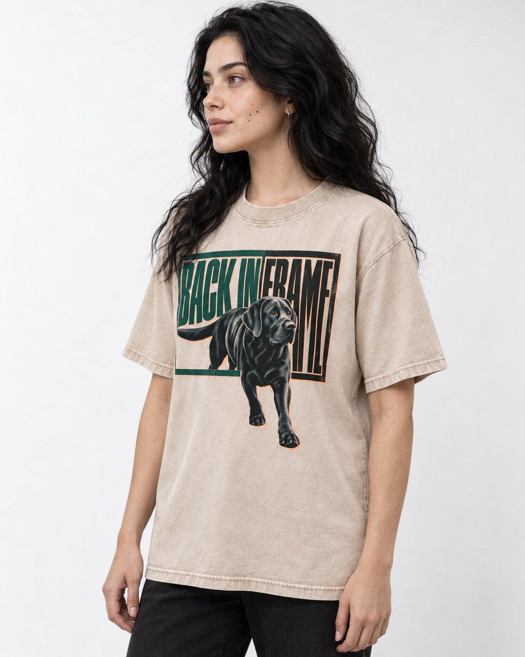 Labrador Retriever Back in Frame Washed Tee in Apricot, worn by a model