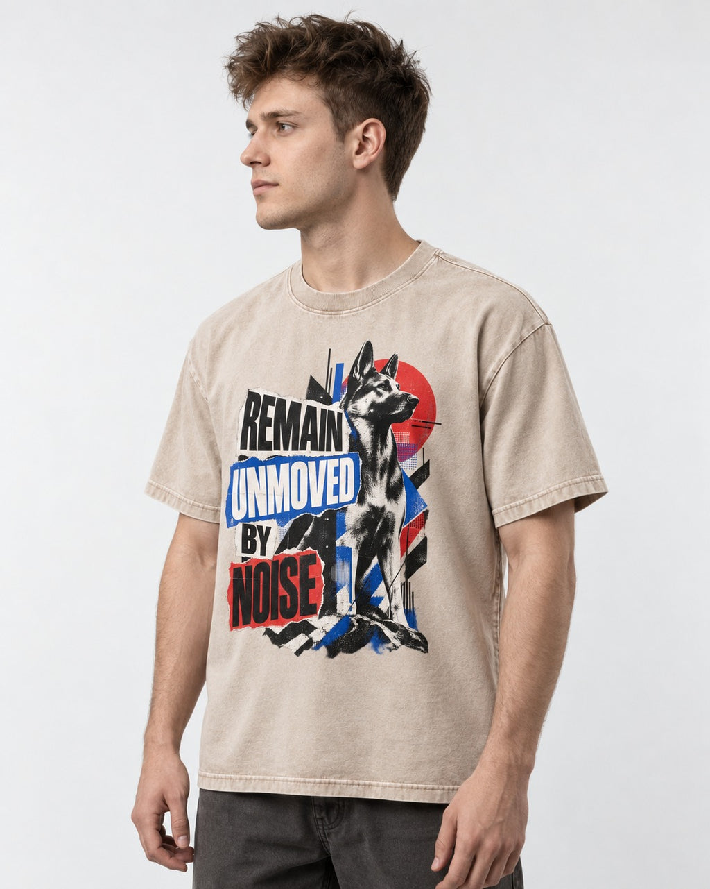 Remain Unmoved By Noise Brutalist Collage German Shepherd Dog Graphic Washed Tee in Apricot, worn by a model