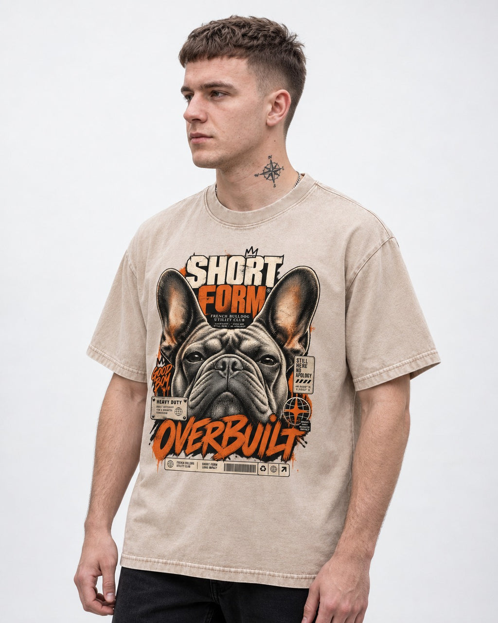 Frenchie Short Form Overbuilt Utility Club Poster Graphic Washed Tee in Apricot, worn by a model