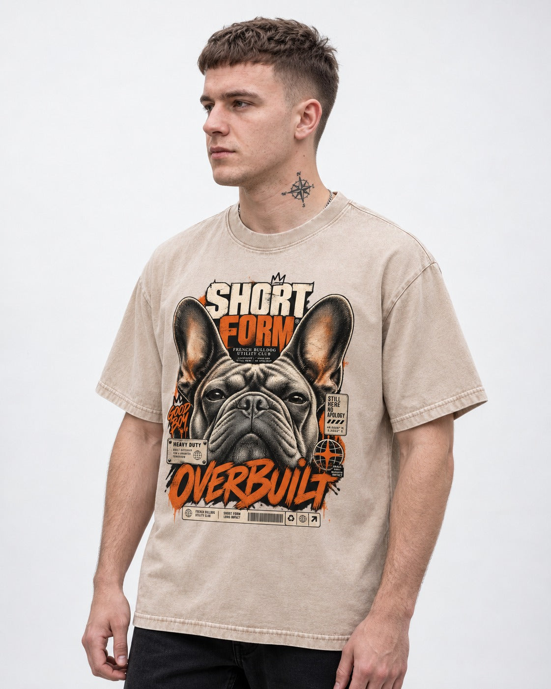 Frenchie Short Form Overbuilt Utility Club Poster Graphic Washed Tee in Apricot, worn by a model