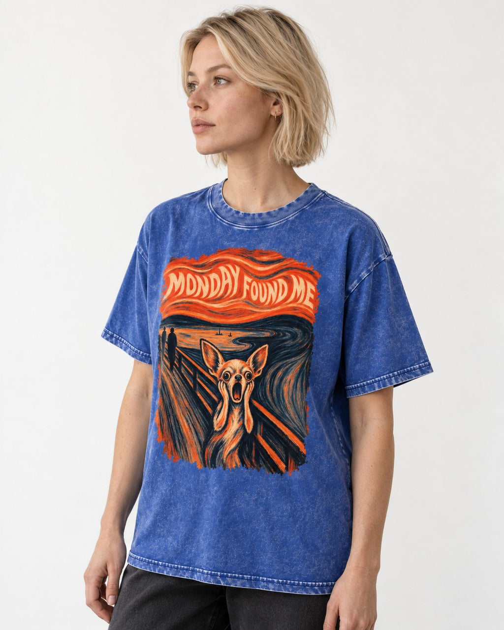 Monday Found Me Chihuahua Scream Banner Washed Tee in Royal Blue, worn by a model