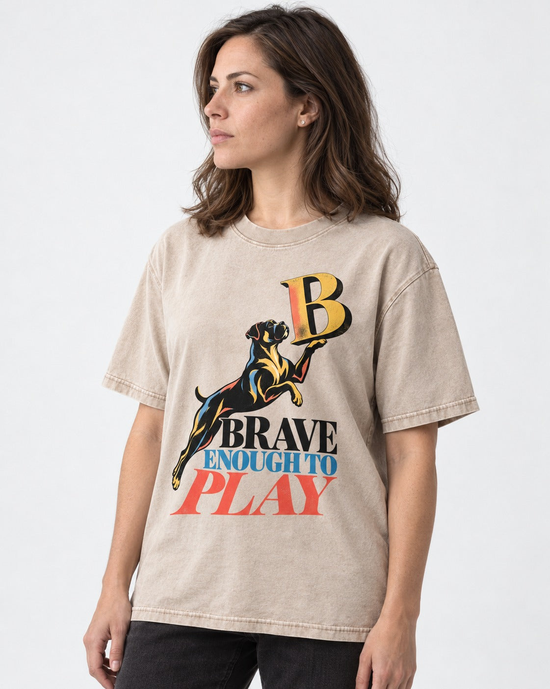Boxer Brave Enough to Play Washed Tee in Apricot, worn by a model