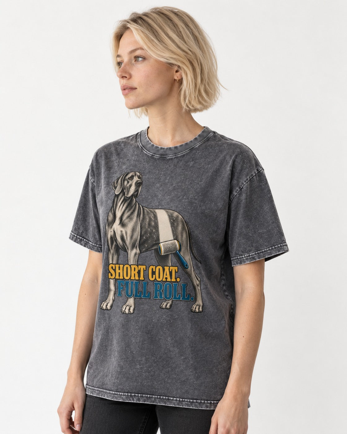 Short Coat Full Roll Great Dane Washed Tee in Gray, worn by a model