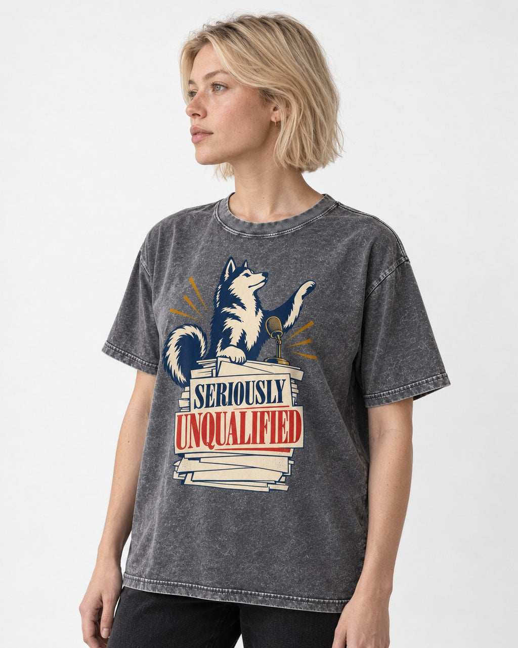 Seriously Unqualified Husky Washed Tee in Gray, worn by a model