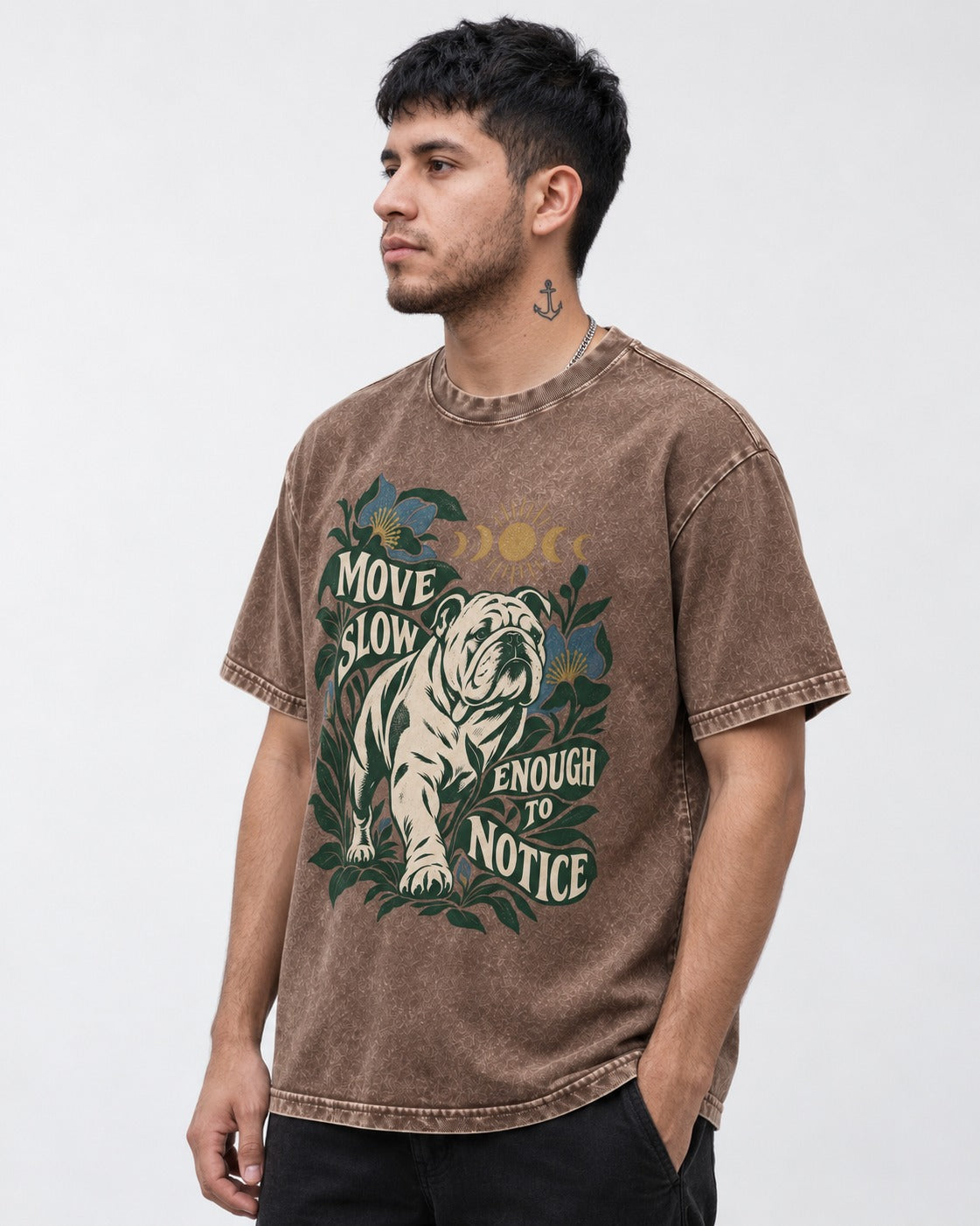 Move Slow English Bulldog Washed Tee in Coffee, worn by a model