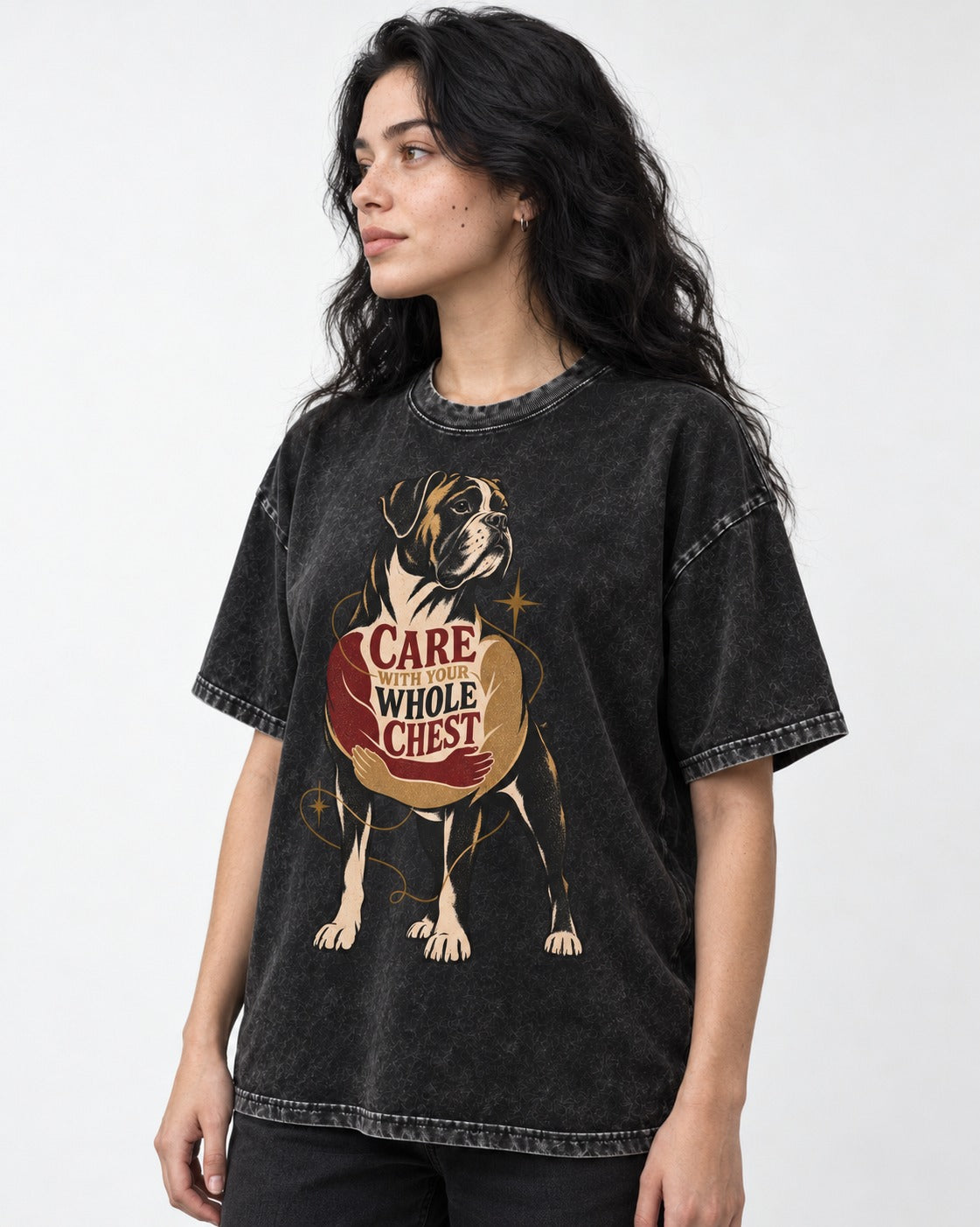 Boxer Care With Your Whole Chest Washed Tee in Black, worn by a model