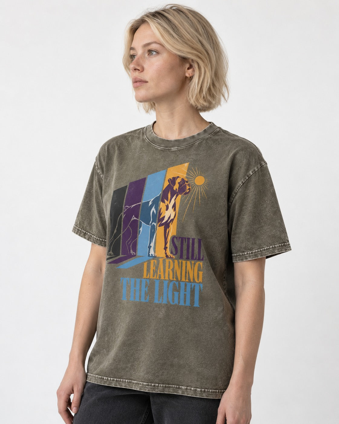 Still Learning the Light Boxer Doorway Progression Graphic Washed Tee in Army Green, worn by a model