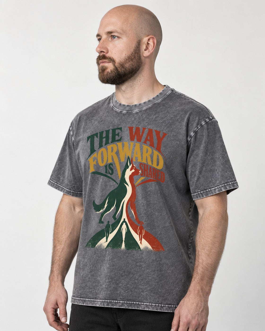 Shared Way Forward German Shepherd Dog Washed Tee in Gray, worn by a model