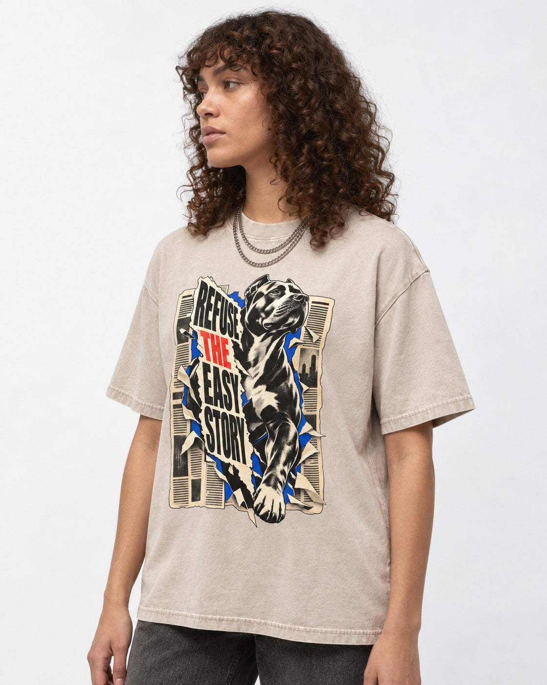 Pitbull Refuse the Easy Story Washed Tee in Apricot, worn by a model